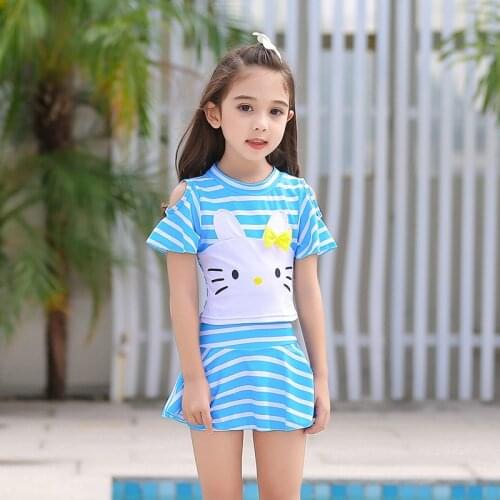 Cat Pattern Swimsuit Children Short Sleeve Swiming Suit For Kids Girls Swim Skirt Striped Swimwear Cute Bathing Suit Korea style