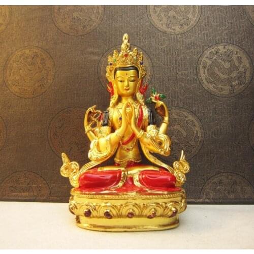 Copper gilded Temple painted carry Home vehicle like Folk supplies copper gilt four-armed statue Buddha/Chenrezi avalokitechvara