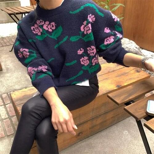 Retro Sweet Elegant Floral Print Embroidery Pullovers Casual Fashion Sweaters for Ladies All-match Chic Streetwear 2020 Winter