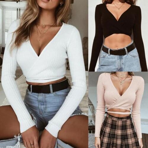 Fashion Women Deep V Neck Long Sleeve Sexy Solid Color Crop Top T Shirt Blouse