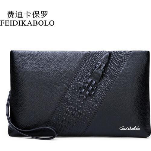 FEIDIKABOLO Men Walet 100% Genuine Leather Purse Clutch Bags Black High Quality Long Male Purses Cow Leather Male bags Handy Bag