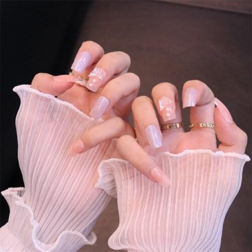 24PCS Set 3D Butterfly Rhinestone Catseye Opal Crystal Nude Pink Long Square Glitter Press on Fake Nails with Designs SXY-18