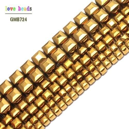 Natural Stone Coated Golds Pated Hematite Cube Square Loose Beads For Jewelry Making 15inch 3/4/6mm Spacer Beads Making Bracelet
