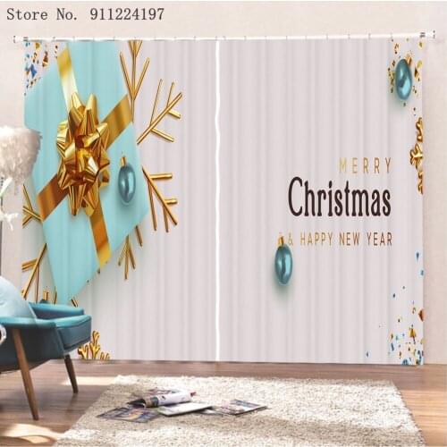 2 Panels Golden Bow Window Curtains Fabric Thermal Insulated Living Bedroom 3D Gift Box Print Window Curtains Christmas Gifts