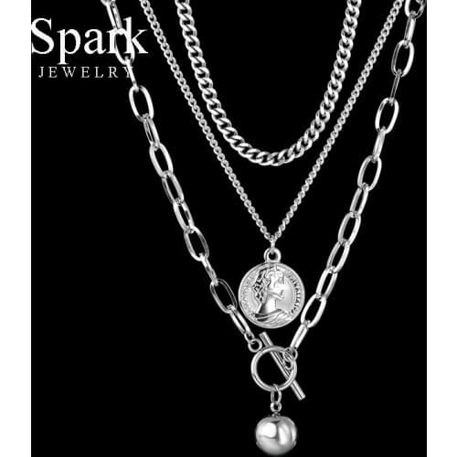 Spark Punk Stainless Steel Round Bead Elizabeth Pendant Necklace Multi-layer Detachable Chain Necklaces For Women Men Party Gift