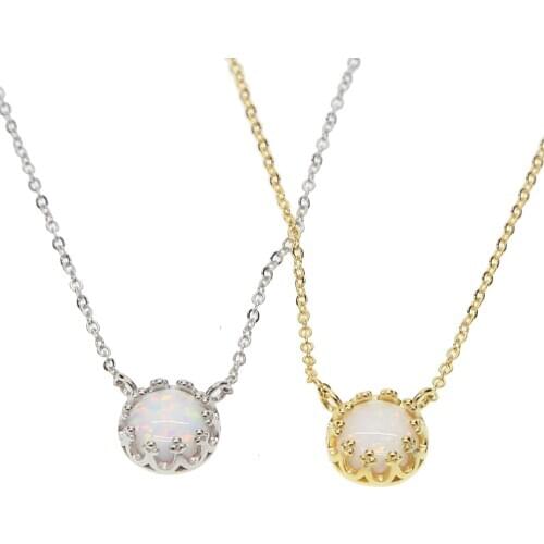 100% 925 sterling silver 8mm white fire opal stone thin italy chain princess crown design silver delicate single stone necklaces