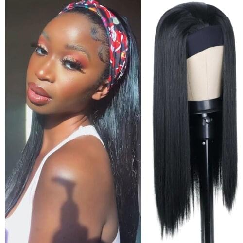 AZQUEEN 12 22 26 30inch Long Black Straight Headband Wigs Heat Resistant Synthetic Hair Wig Machine Made Wig For Black Women