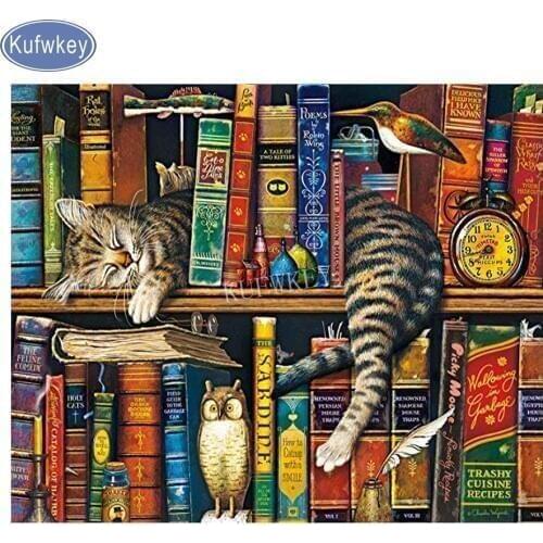 Full Square/Round Diamond painting Bookshelf cat,5d Diamond Embroidery sale Christmas art rhinestones mosaic painting by numbers
