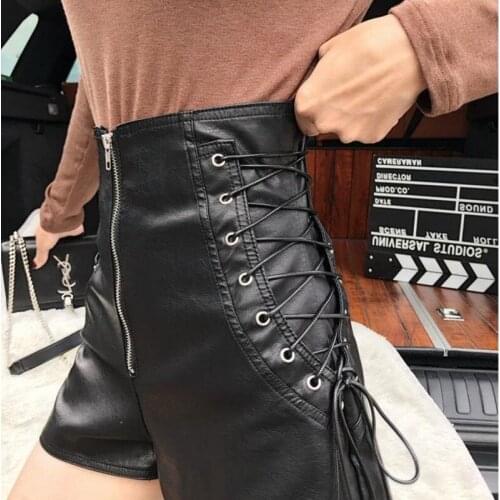 Women High Waist Lace-up PU Leather Shorts Autumn Winter Sexy PU Leather Short Pants Slimming Wide-leg Zipper Plus Size