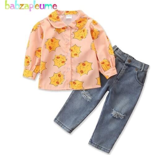 Spring Fall Toddler Girl Clothes Cartoon Cute Long Sleeve Chiffon Baby Shirt+Fashion Hole Jeans For Children Clothing Set 1945-1