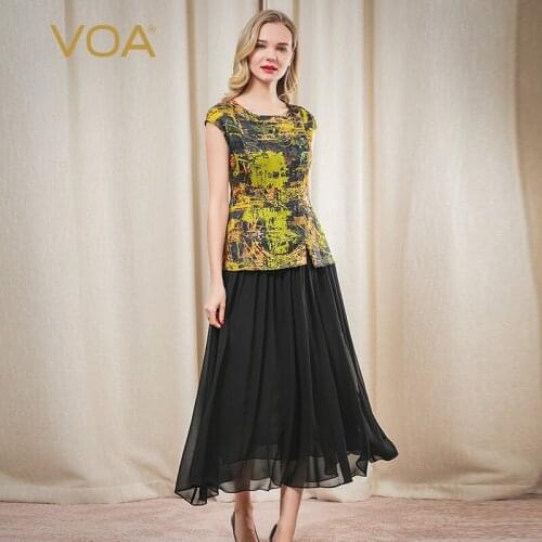 VOA Silk Printed Jacquard Brown Yellow A7090 Abstract Painting Fake Two-piece Black Pleated Belly Slimming Dress Summer 2021
