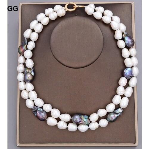 GuaiGuai Jewelry 2 Strands Big Cultured Black Keshi Pearl White Rice Pearl Necklace 17.5"