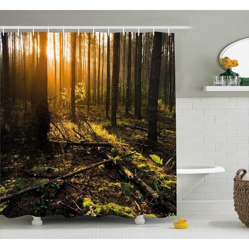 Nature Shower Curtain Misty Morning in The Forest with Sun Rays Mother Earth Foliage Dawn Bath Curtains For Bathroom Bathtub