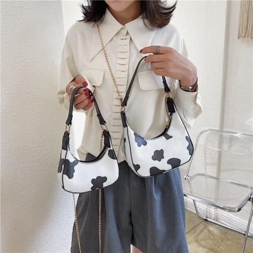 Women Fashion Half Moon Handbags Cute Cow Pattern PU Leather Ladies Shoulder Bags Vintage Armpit Bag Female Crossbody Bag Purse