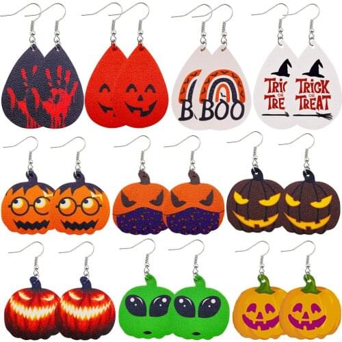 New Halloween Earrings Lightweight Drop Dangle Pumpkin Skull Double-Sided Printing Faux Leather Ear For Women Holiday Jewelry