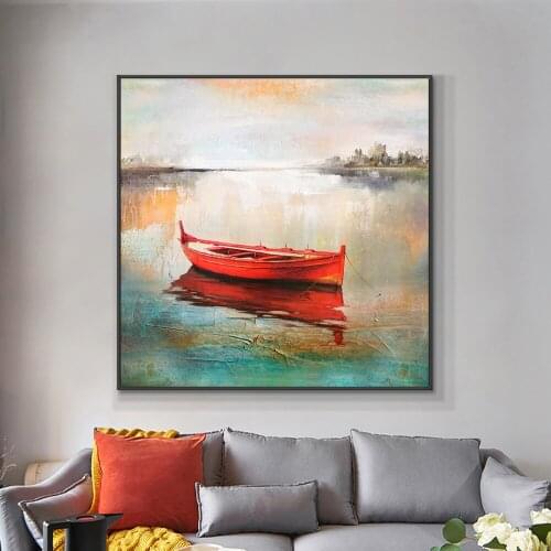 100% Hand Painted Oil Painting On Canvas Modern Abstract Red Boats River Wall Art For Living Room Interior Decoration Paintings