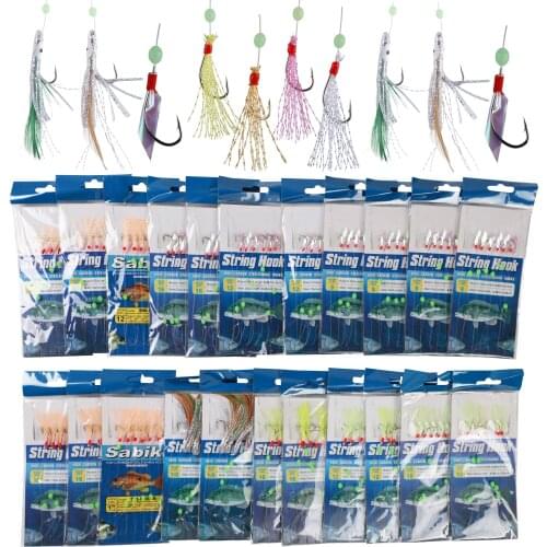22 Pieces Sea Fishing Sabiki Rigs With Luminous Glow Bead Feather Fish Skin String Hooks Mix Size for Freshwater/Saltwater
