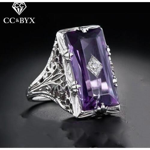 CC Vintage Rings For Women Purple Cubic Zirconia Rectangle Stone Princess Ring Hollow Jewelry Drop Shipping CC2346