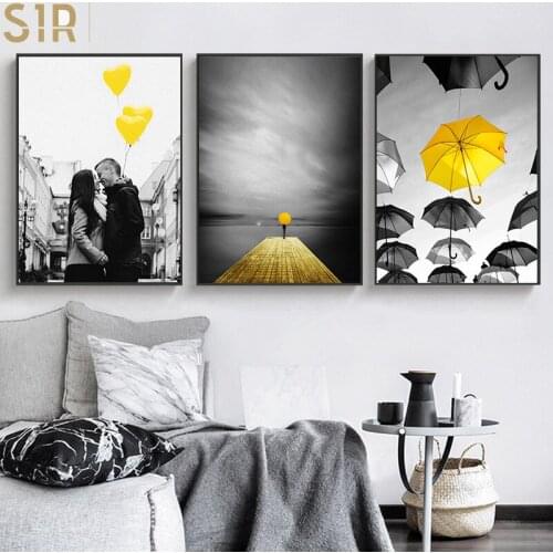 Black and White Landscape Picture Home Decor Nordic Canvas Painting Yellow Balloon Print Living Room Bedroom Wall Art Painting