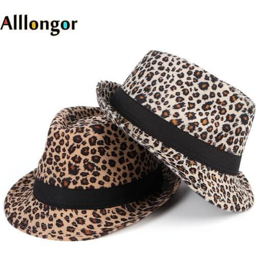 2020 Fashion Women Men Leopard Printing Jazz Hat White Beige Unisex Vintage Trilby Cap Wide Brim Felt Fedora Hats With Belt