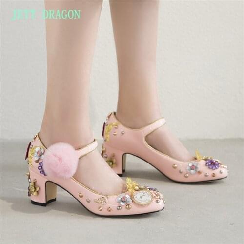 JETT DRAGON Brand Crystal Flower Women Pumps Genuine Leather Ladies Party Shoes Applique Clock High Heels Mirror Wedding Shoes