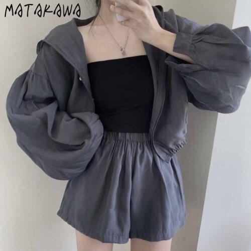 Matakawa Two Piece Set Women Autumn Vintage Hooded Loose Sun Protection Coat Cardigan+elastic Waist Casual Shorts Shorts Sets