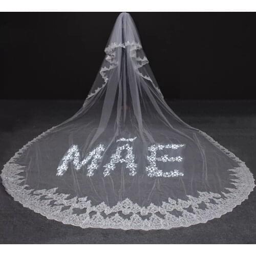 Bling Sequins Lace Long Wedding Veil Customized with Name Letter Bridal Veil MAE/PAI Veil