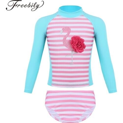 Girls Two Pieces Suits For Swimming Children Long Sleeves Swimwear Kids Flamingo Print Bathing Suit Swim Wear Big Girl Swimsuits