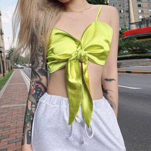 Summer Camis Women Solid Bow Satin Crop Top Sleeveless Tees Knitted Slim Females Sexy Sweet Chic Slim Basic Tanks Streetwear