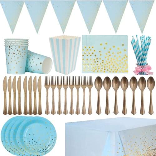 Blue Gold Theme Party Disposable Tableware Set Paper Plates Napkin Straws Birthday Wedding Party Decoration Supplies Baby Shower