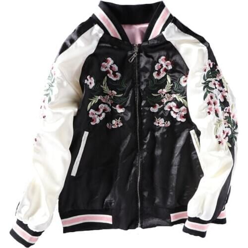 Autumn Flowers and birds Embroidery Bomber Jacket Women Loose Long Sleeve Wear on Both Sides Short Baseball Jacket Ladies H314