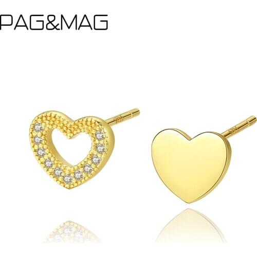 PAG&MAG Cute Heart Shape Sterling 925 Silver Solid Earrings 18K Gold Plated Paved CZ Stud Earrings Pendientes Mujer Moda SE0311