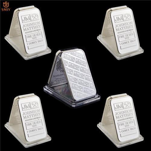 5Pcs UK Replica Plated Fine Silver 999 1 Ounce Troy Euro Coin Johnson Matthey Assayer& Refiners Bar Collectibles