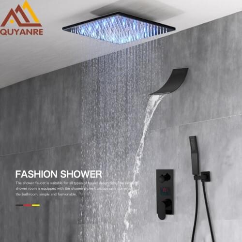 Luxury 20inch Large Rainfall Shower Matte Black LED Concealed Shower Faucet Digital Display 3-way Waterfall Shower For Bathroom