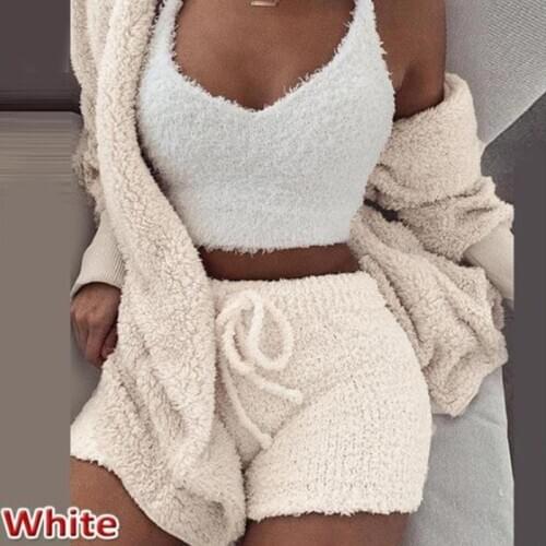 Sexy Women Home Wear Suit Casual Pajamas Set Lady Winter Plush Leisure Top Female Warm Long Sleeve Exposed Navel Vest Shorts Set
