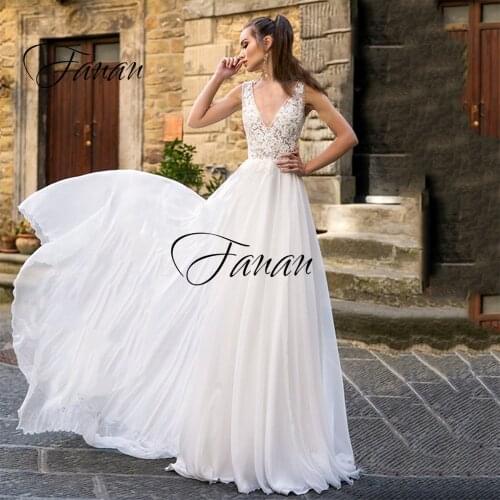 Boho Beach V-Neck Lace Beading Wedding Dresses A-Line Appliques See-Through Chiffon Bridal Gown vestidos de novia платье
