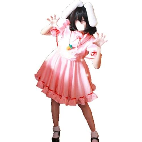 Touhou Project Tewi Inaba Sweet Pink Dress Uniform Outfit Cosplay Costumes with ears and tail