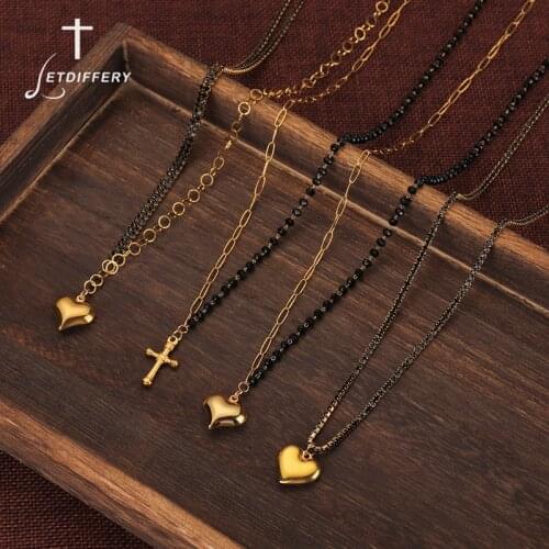 Letdiffery Vintage Cross Heart Black Stones Beads Chain Women Necklaces Stainless Steel Religious Jewelry