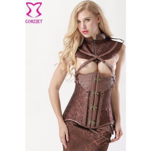 Vintage Brown Brocade Underbust Steampunk Corset Sexy Collar Bolero Short Jacket Set Gothic Clothing Steel Corsets and Bustiers