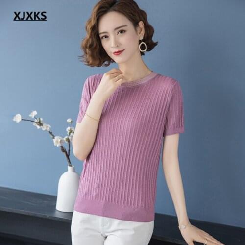 XJXKS 2021 summer new women stretch T-shirt casual round neck short-sleeved top women T-shirt