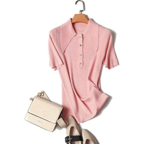 New cashmere knit women tees pullover big turn-down PL collar tshirts short sleeve thin spring summer beige apricot M/L