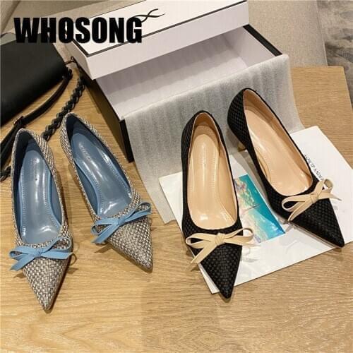 2021 Women Bow Pumps Girls Brand Heels Woman Closed Toe Stiletto Shoes Ladies Sexy Shoes Female Soft Pu Leather Shoes Spring New