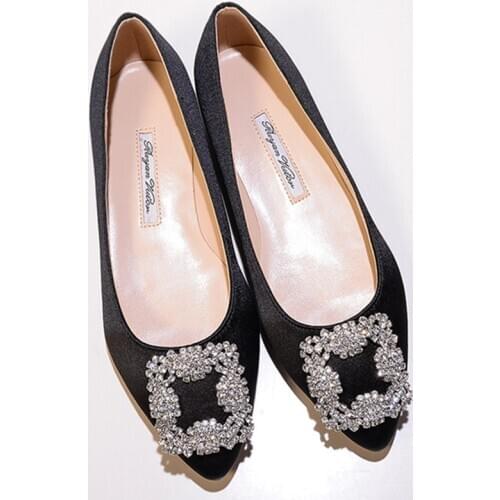 Womens Pointed Toe Rhinestones Crystal Buckle Satin Silk Ballerina Low Heel Shoes Glitter Bling Plus Size 23Colors New Arrival