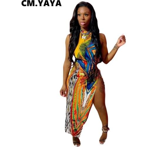 CM.YAYA Women Dress Print Sleeveless Bandage Hollow Out Split Dresses Sheath Elastic Sexy Night Club Party Dress Summer 2021