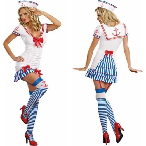 Red Bow Sailor Costumes female models princess dress white Navy sailor uniform Halloween costumes Sexy Dress+Hat Free Shipping