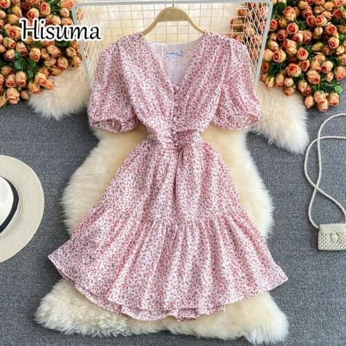 2021 summer new womens chic V-neck puff sleeve flowe print ruffles chiffon dresses female retro single breasted A-line dress