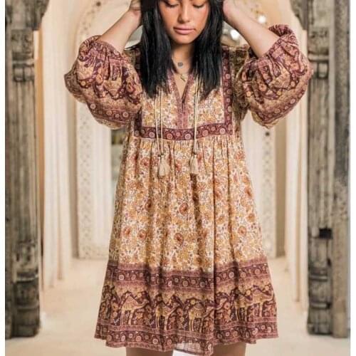 Chocolate Color vintage floral V-neck Tassel lace-up long sleeve mini dress women 2021 plus size bohemian party beach wear