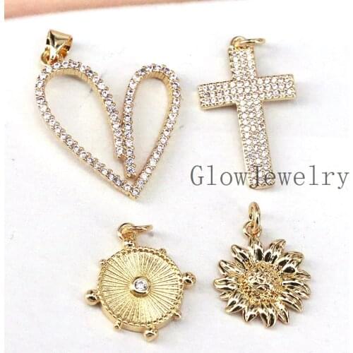 10Pcs ,Cz Crystal Heart Cross Charms For Jewelry Making, Flower Designer Charms, Gold Charms, Copper Plated Micro Pave Accessori