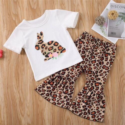 Free shipping Toddler Baby Girls Clothes Easter Geometry pullover T-shirts Leopard print Flared Pants 2pc newborn kids Outfits