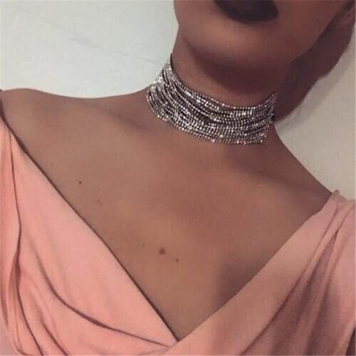 2019 Bling Paved Rhinestone Alloy Retro Iced Out Minimalist Multi-layered Necklace For Women Jewelry Dropshipping